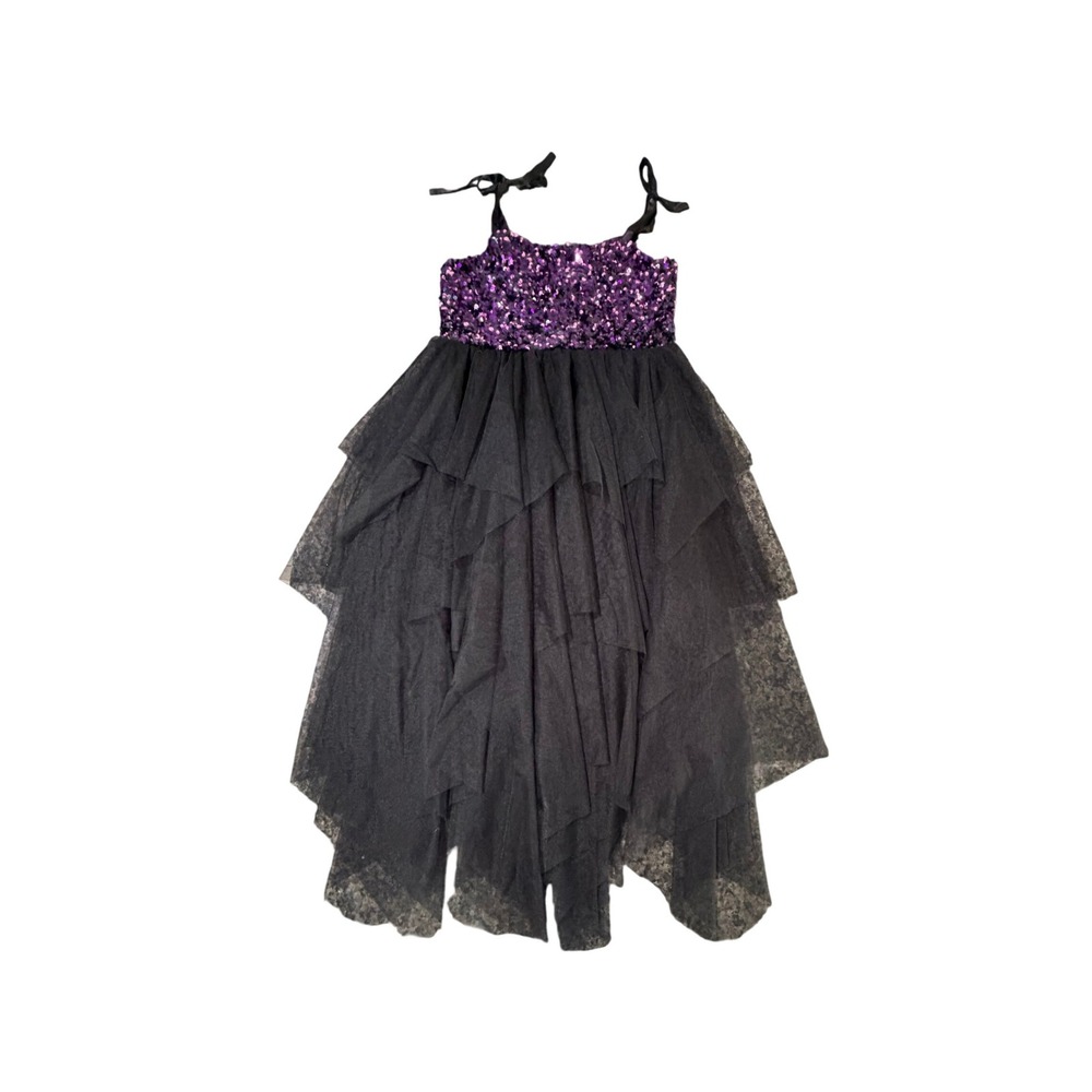 Nickie Lew Girls Purple Sequin Black Tiered Tulle‎ High Low Formal Dress Size 14